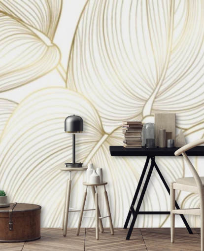 white and gold coloured leaves wallpaper