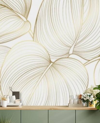 white and gold coloured leaves wallpaper