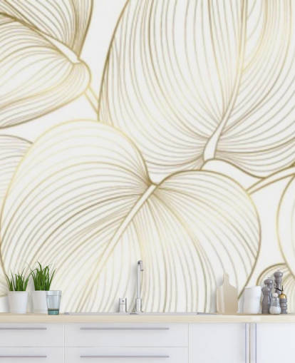 papel pintado hojas blancas y doradas