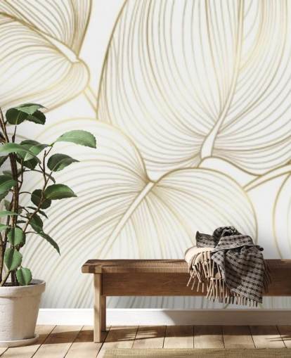 white and gold coloured leaves wallpaper