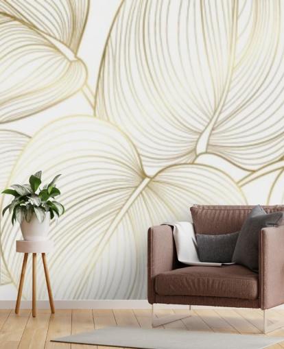 papel pintado hojas blancas y doradas