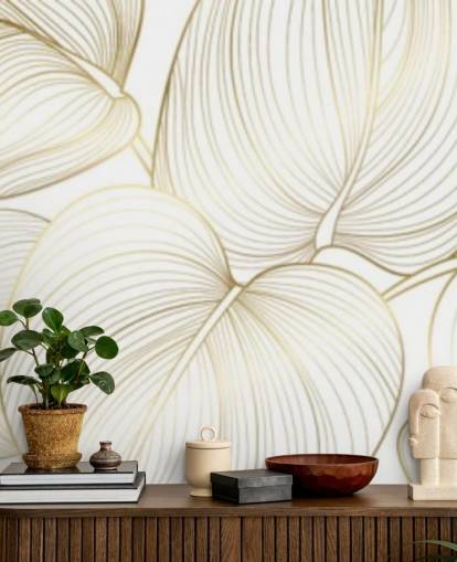 white and gold coloured leaves wallpaper