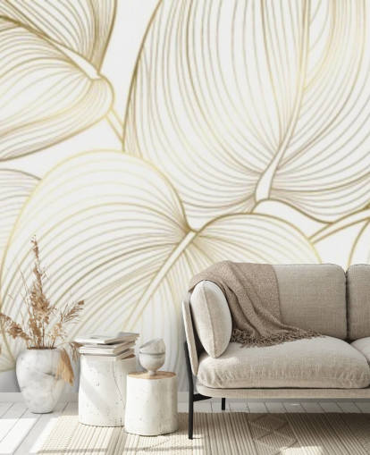 papel pintado hojas blancas y doradas