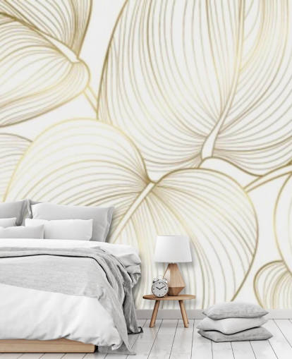 papel pintado hojas blancas y doradas