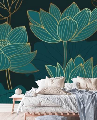 teal toned floral wallpaper