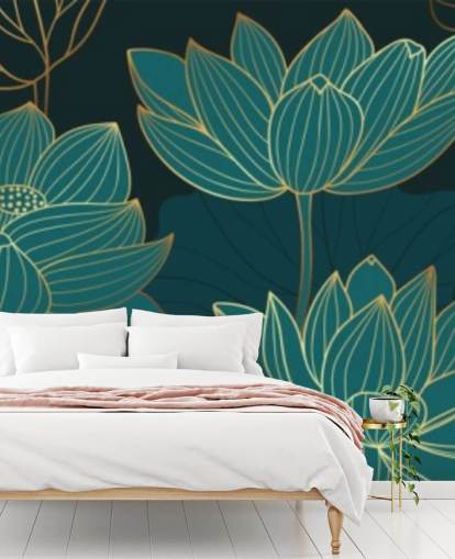 teal toned floral wallpaper