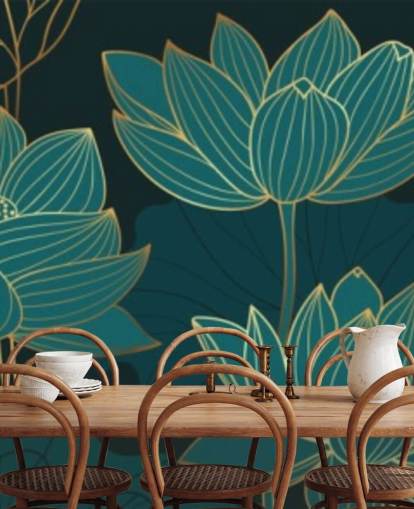 papel pintado floral en tonos verde azulado