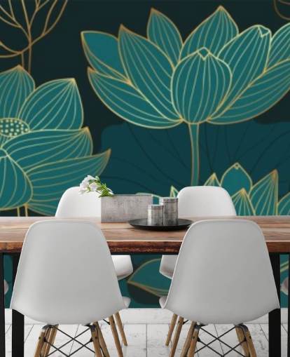 teal toned floral wallpaper
