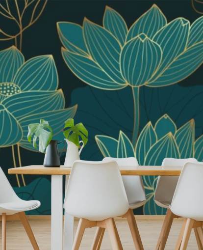 papel pintado floral en tonos verde azulado