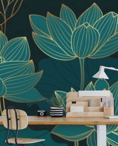 groenblauw gekleurd bloemenbehang