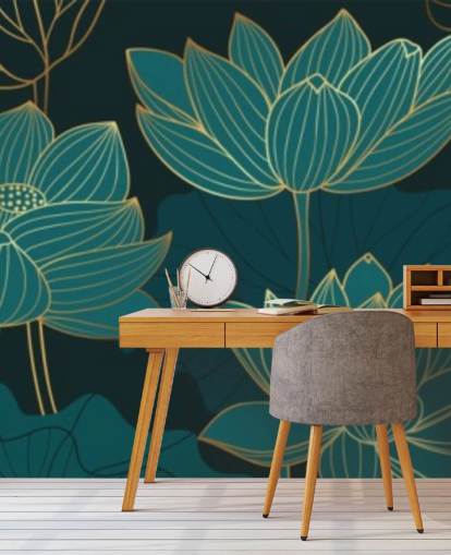 teal toned floral wallpaper