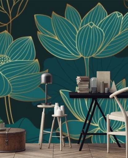 blågrønn tonet floral tapet