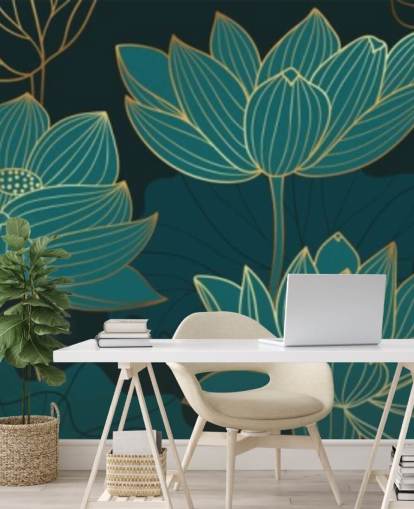 papel pintado floral en tonos verde azulado