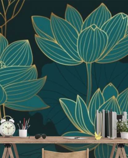 teal toned floral wallpaper