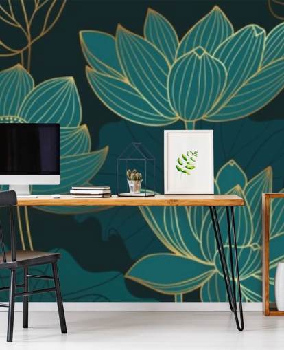 papel de parede floral em tons de azul-petróleo