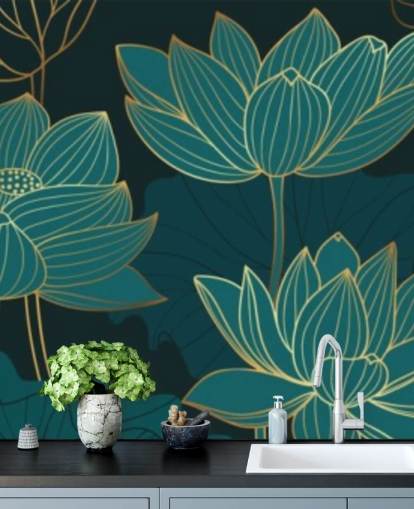 teal toned floral wallpaper