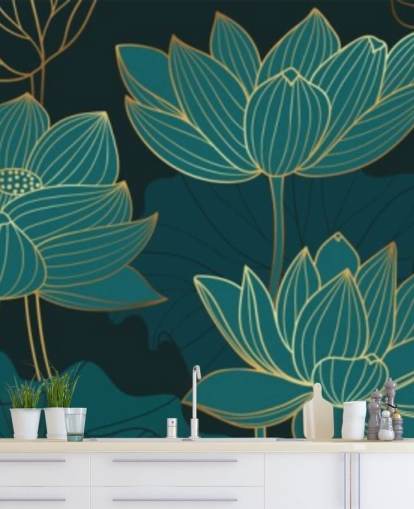 teal toned floral wallpaper