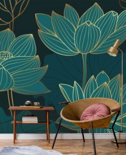teal toned floral wallpaper