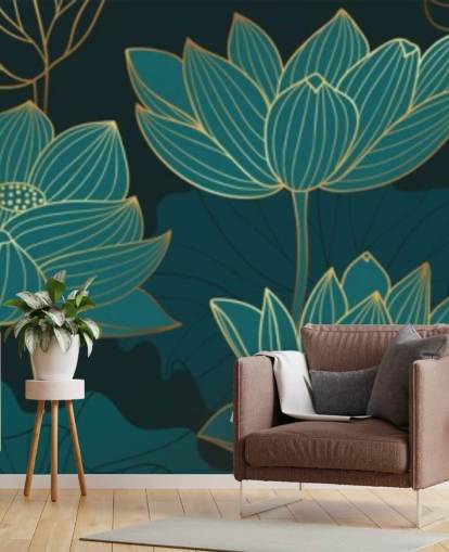 papel pintado floral en tonos verde azulado