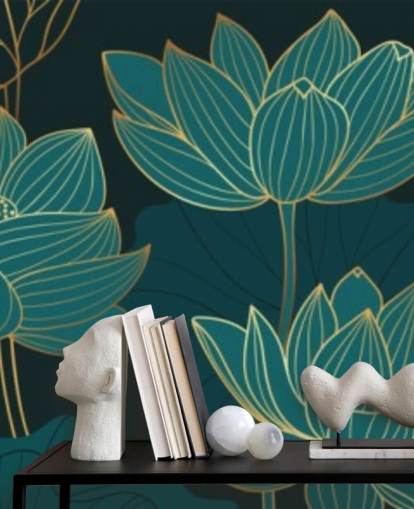 teal toned floral wallpaper