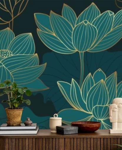 teal toned floral wallpaper