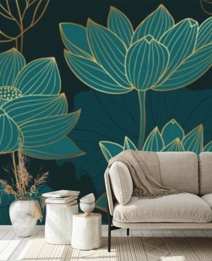 blågrønn tonet floral tapet