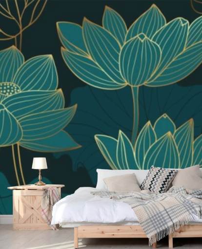 teal toned floral wallpaper