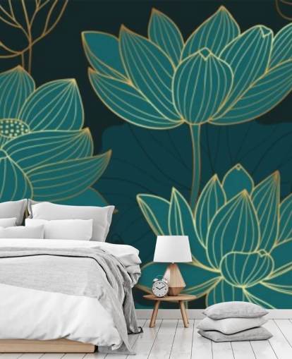 groenblauw gekleurd bloemenbehang