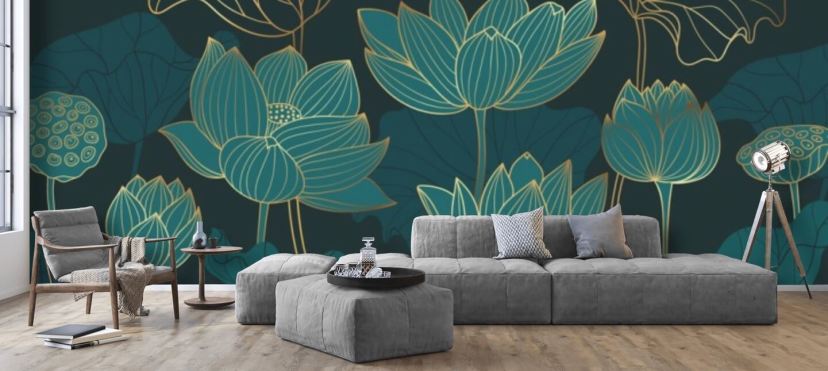 teal toned floral wallpaper