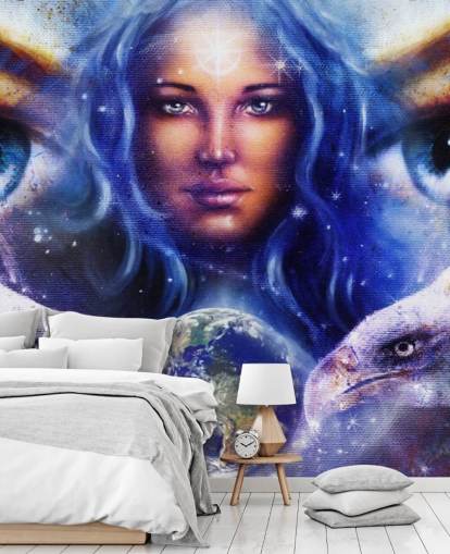 Papel pintado de graffiti de ojos y águilas de mujer