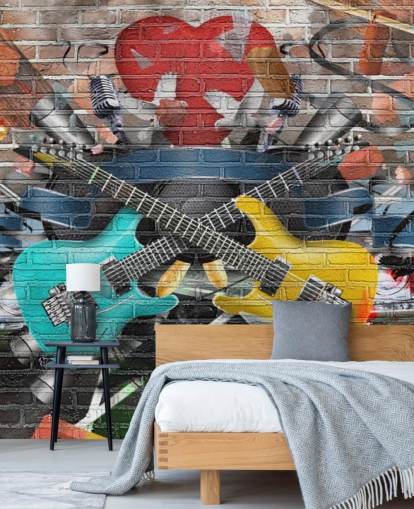 kleurrijke aanpasbare graffitibehangmuurschildering genaamd Graffiti - Gitaar voor tienerkamer