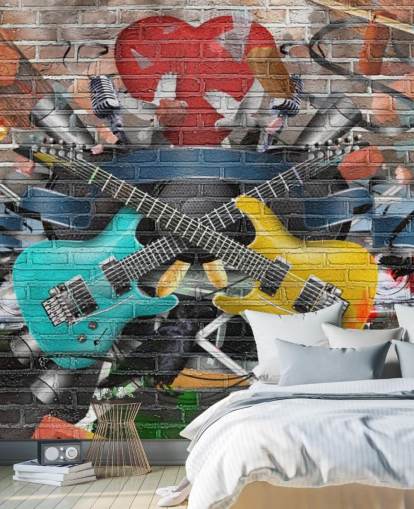 colorido mural de papel pintado de graffiti personalizable llamado Graffiti - Guitarra para dormitorio de adolescentes