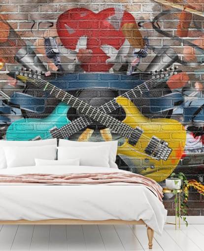 mural colorido de papel de parede de grafite personalizável chamado Graffiti - Guitarra para quarto de adolescente