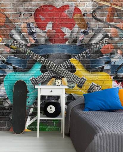 fargerikt tilpassbart graffiti tapet veggmaleri kalt Graffiti - Gitar for tenåringens soverom fargerikt tilpassbart graffiti tapet veggmaleri kalt Graffiti - Gitar for tenåringens soverom