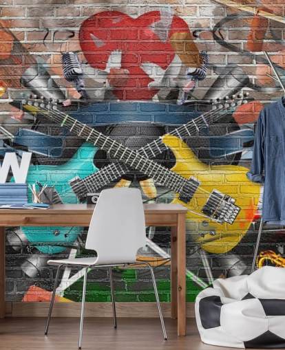 färgglad anpassningsbar graffiti tapet väggmålning kallad Graffiti - Gitarr för tonåringens sovrum färgglad anpassningsbar graffiti tapet väggmålning kallad Graffiti - Gitarr för tonåringens sovrum