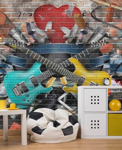 farverigt tilpasseligt graffiti tapetmaleri kaldet Graffiti - Guitar til teenagerens soveværelse farverigt tilpasseligt graffiti tapetmaleri kaldet Graffiti - Guitar til teenagerens soveværelse
