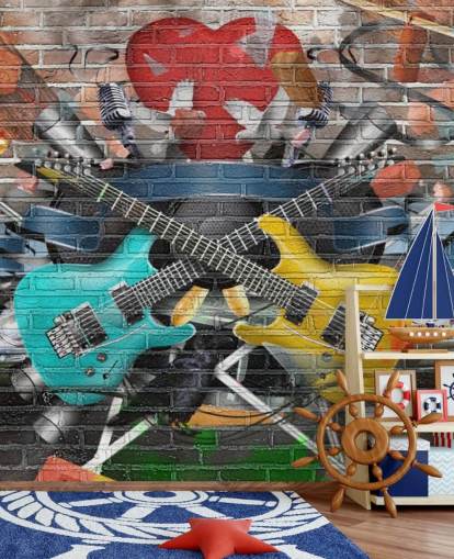 carta da parati murale colorata personalizzabile con graffiti chiamata Graffiti - Guitar for teen's bedroom carta da parati murale colorata personalizzabile con graffiti chiamata Graffiti - Guitar for teen's bedroom