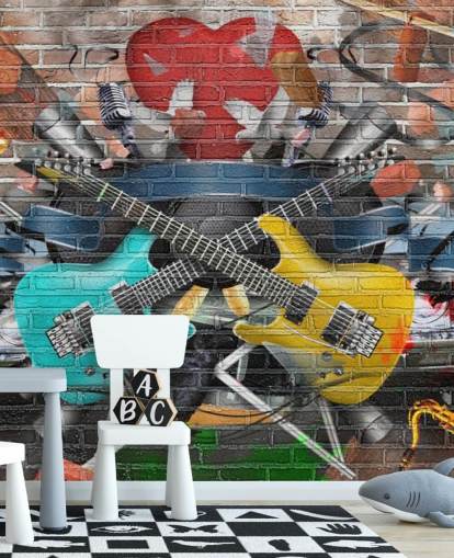 fargerikt tilpassbart graffiti tapet veggmaleri kalt Graffiti - Gitar for tenåringens soverom fargerikt tilpassbart graffiti tapet veggmaleri kalt Graffiti - Gitar for tenåringens soverom
