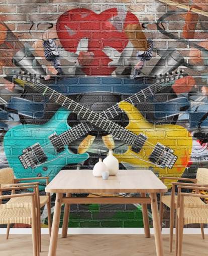 colorido mural de papel pintado de graffiti personalizable llamado Graffiti - Guitarra para dormitorio de adolescentes