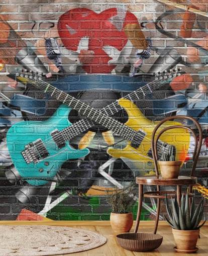 carta da parati murale colorata personalizzabile con graffiti chiamata Graffiti - Guitar for teen's bedroom