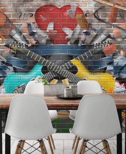 papier peint graffiti coloré personnalisable appelé Graffiti - Guitare pour chambre d'adolescent papier peint graffiti coloré personnalisable appelé Graffiti - Guitare pour chambre d'adolescent