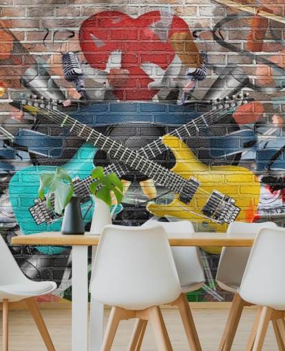 mural colorido de papel de parede de grafite personalizável chamado Graffiti - Guitarra para quarto de adolescente