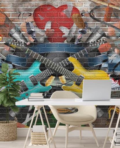 colorido mural de papel pintado de graffiti personalizable llamado Graffiti - Guitarra para dormitorio de adolescentes