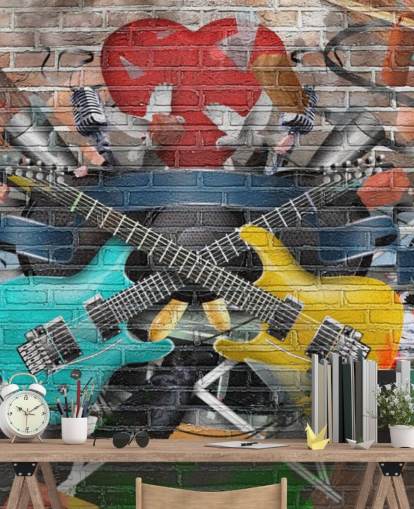 colorido mural de papel pintado de graffiti personalizable llamado Graffiti - Guitarra para dormitorio de adolescentes
