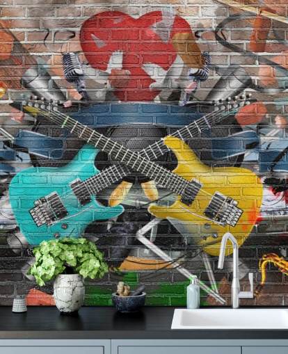 färgglad anpassningsbar graffiti tapet väggmålning kallad Graffiti - Gitarr för tonåringens sovrum