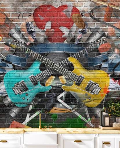 colorido mural de papel pintado de graffiti personalizable llamado Graffiti - Guitarra para dormitorio de adolescentes
