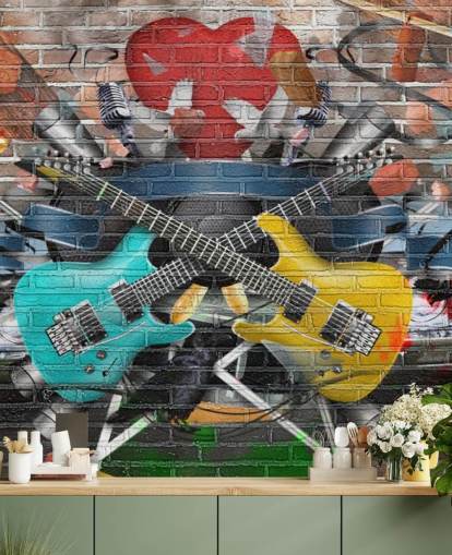 colorido mural de papel pintado de graffiti personalizable llamado Graffiti - Guitarra para dormitorio de adolescentes