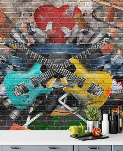 colorido mural de papel pintado de graffiti personalizable llamado Graffiti - Guitarra para dormitorio de adolescentes