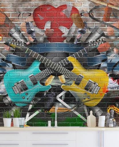 colorful customizable graffiti wallpaper mural called Graffiti - Guitar for teen's bedroom