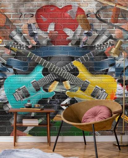 kleurrijke aanpasbare graffitibehangmuurschildering genaamd Graffiti - Gitaar voor tienerkamer kleurrijke aanpasbare graffitibehangmuurschildering genaamd Graffiti - Gitaar voor tienerkamer